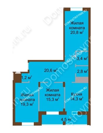 3 комнатная квартира 102,2 м² в ЖК Монолит, дом № 89, корп. 1, 2