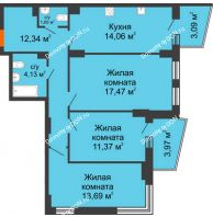 3 комнатная квартира 77,3 м² в ЖК Сердце Ростова 2, дом Литер 8 - планировка