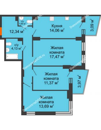 3 комнатная квартира 77,3 м² в ЖК Сердце Ростова 2, дом Литер 8