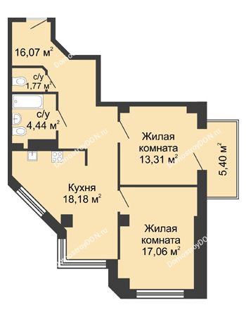 2 комнатная квартира 72,45 м² в ЖК Мега, дом № 116, секция 2