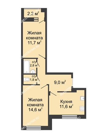 2 комнатная квартира 52,6 м² в ЖК Октава, дом № 4