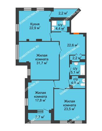 3 комнатная квартира 139,1 м² в ЖК Премиум, дом № 2
