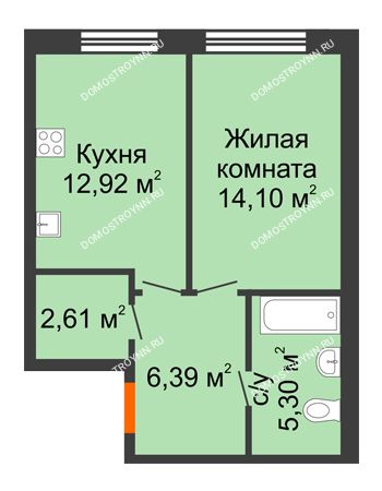 1 комнатная квартира 41,32 м² в ЖК Подкова на Гагарина, дом № 2