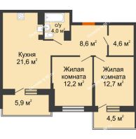 2 комнатная квартира 63,2 м² в ЖК Отражение, дом Литер 1.2 - планировка