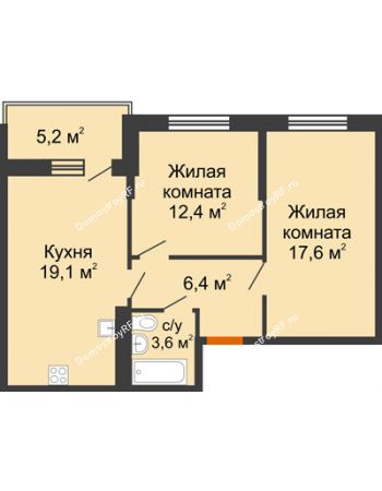 2 комнатная квартира 59,3 м² в ЖК Отражение, дом Литер 1.2