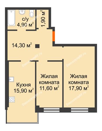 2 комнатная квартира 66,5 м² в Микрорайон Европейский, дом №9 блок-секции 1,2