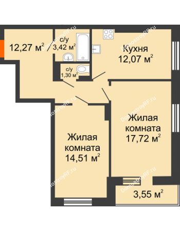 2 комнатная квартира 64,84 м² в ЖК Виктория, дом № 52