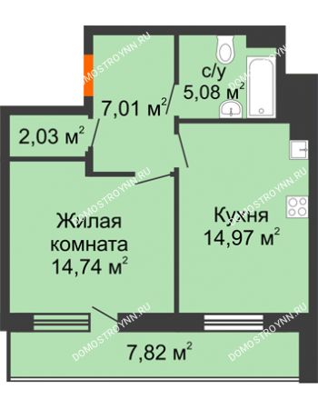 1 комнатная квартира 47,74 м² в ЖК Циолковский, дом № 3
