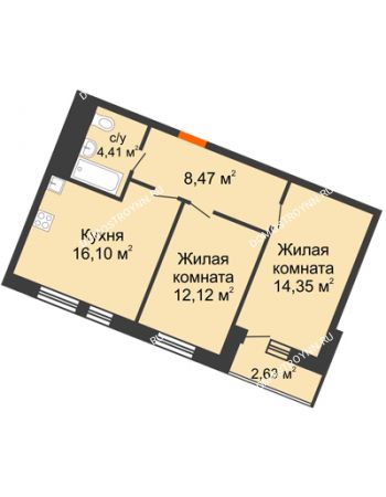 2 комнатная квартира 58,08 м² в ЖК Книги, дом № 1