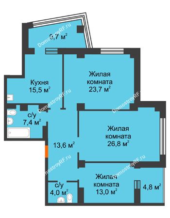 3 комнатная квартира 102,7 м² в ЖК Перья, дом № 1, 4 этап