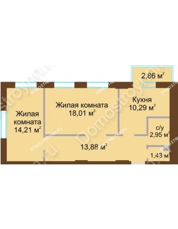2 комнатная квартира 61,63 м² в ЖК Солнечный, дом № 3