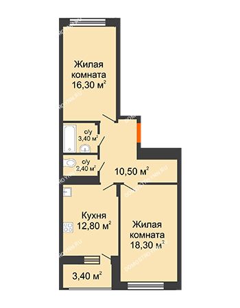 2 комнатная квартира 65,4 м² в ЖК Цветы 2, дом № 4