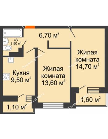 2 комнатная квартира 50,7 м² в ЖК SkyPark (Скайпарк), дом Литер 1, корпус 1, блок-секция 2-3