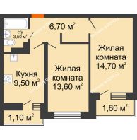 2 комнатная квартира 50,7 м² в ЖК SkyPark (Скайпарк), дом Литер 1, корпус 1, блок-секция 2-3 - планировка
