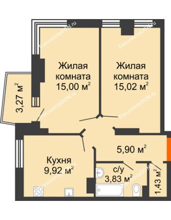 2 комнатная квартира 52,74 м² в ЖК Сердце Ростова 2, дом Литер 2