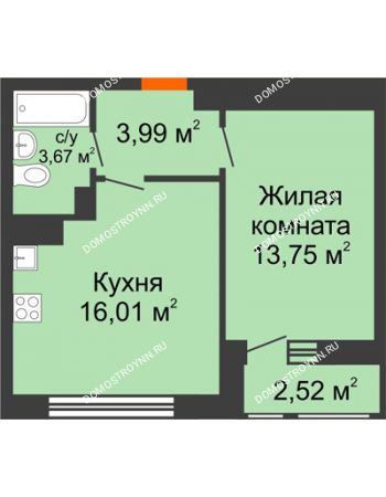 1 комнатная квартира 39,94 м² в ЖК Книги, дом № 2