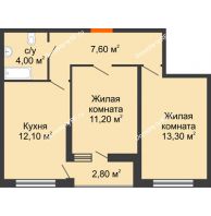 2 комнатная квартира 49,6 м² в ЖК Самолет, дом 1 очередь - Литер 4 - планировка