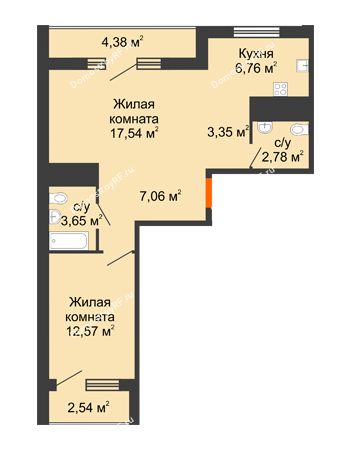 2 комнатная квартира 57,17 м² в ЖК Зеленодар, дом Литер 1