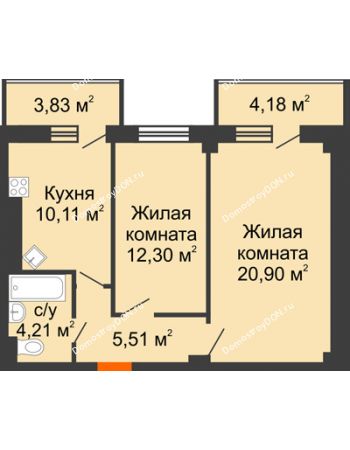 2 комнатная квартира 61,04 м² в ЖК Горизонт, дом № 2