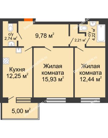 2 комнатная квартира 64,57 м² в ЖК Гвардейский 3.0, дом Секция 2