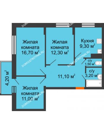 3 комнатная квартира 66,36 м² в ЖК Цветы, дом № 22-3
