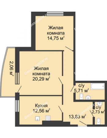 2 комнатная квартира 76,7 м² в ЖК Тихий Дон, дом № 3