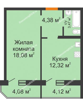 1 комнатная квартира 42,35 м² в ЖК Суворовский, дом Литер 1, Участок 120