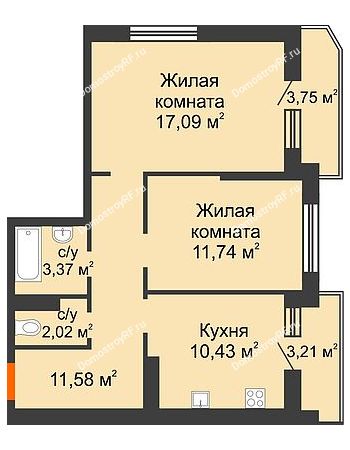 2 комнатная квартира 59,72 м² в ЖК Губернский, дом Литер 29