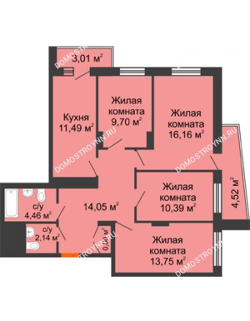 4 комнатная квартира 86,71 м² - ЖД Звездный