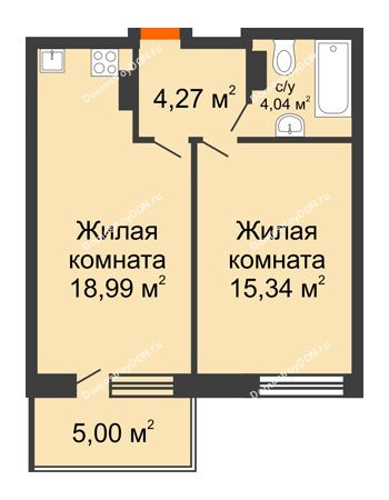 2 комнатная квартира 47,64 м² в ЖК Гвардейский 3.0, дом Секция 2