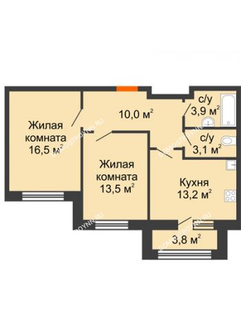 2 комнатная квартира 62,1 м² в ЖК Цветы 2, дом № 7
