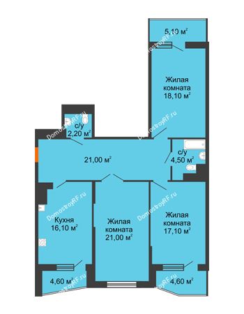 3 комнатная квартира 106,3 м² в ЖК Береговая 2, дом Литер 2