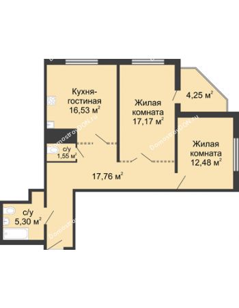 2 комнатная квартира 72,92 м² в ЖК 5 Элемент (Пятый Элемент), дом Корпус 5-17.1
