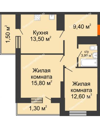 2 комнатная квартира 58,1 м² - ЖК Клубный дом на Мечникова