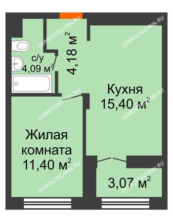 1 комнатная квартира 36,61 м² - ЖК КМ Молодежный, 76