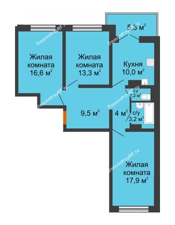 3 комнатная квартира 77,3 м² в ЖК Лазурный, дом позиция 30