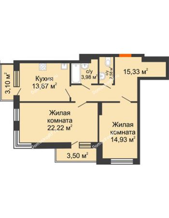 2 комнатная квартира 79,31 м² в ЖК Волжские Огни	, дом B1