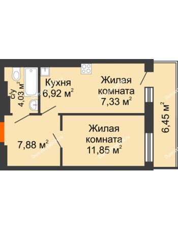 2 комнатная квартира 44,46 м² в ЖК Днепровская Роща, дом № 2