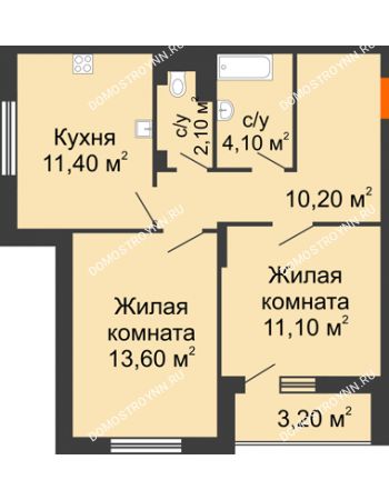 2 комнатная квартира 54,1 м² в ЖК Цветы, дом № 6-2