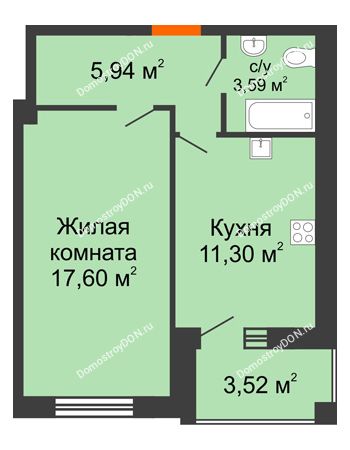 1 комнатная квартира 40,31 м² в ЖК Измаильский экоквартал, дом 1 этап